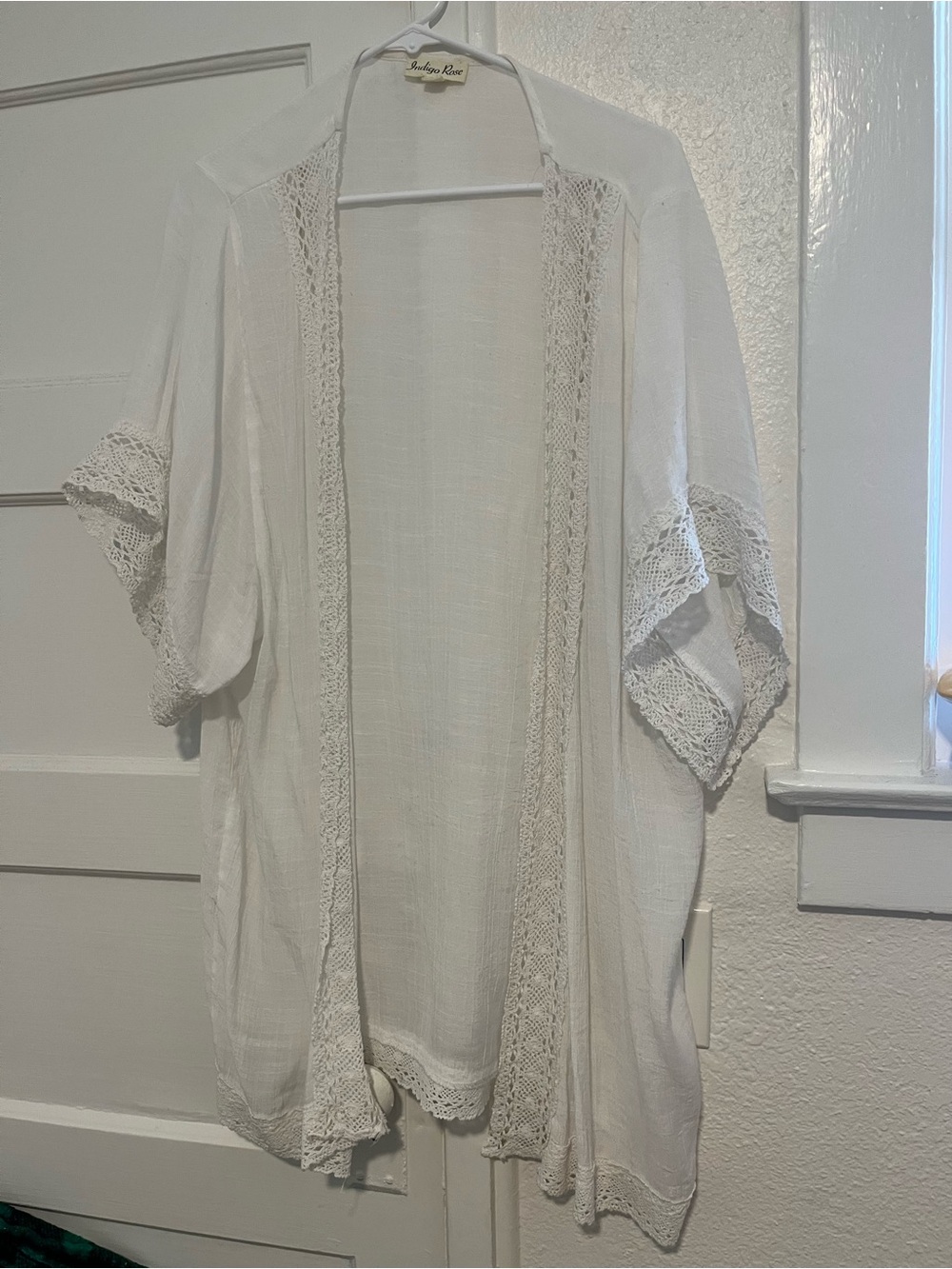 Lace-Trim White Kimono Robe - Lightweight Open Front